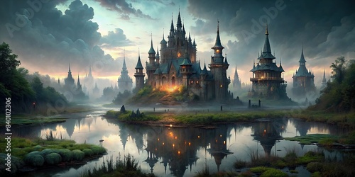 A dark fantasy castle in a misty wetland , fantasy, dark, mist, wetland, castle, eerie, mysterious, gothic, atmospheric, spooky, fog, swamp, eerie, haunting, magical, enchanting, misty photo