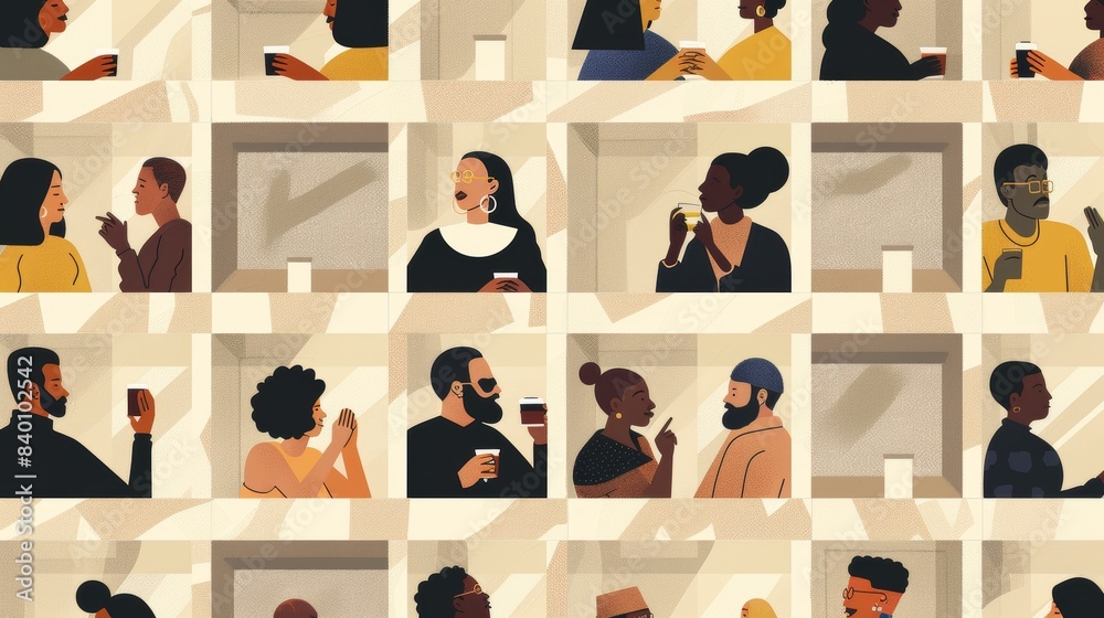 The facade of a house with people in the windows, drinking coffee, playing with a cat, and drinking plants. Concept of good neighbors and positive neighborhood communication. Modern flat illustration The facade of a house with people in the windows, drinking coffee, playing with a cat, and drinking plants. Concept of good neighbors and positive neighborhood communication. Modern flat illustration