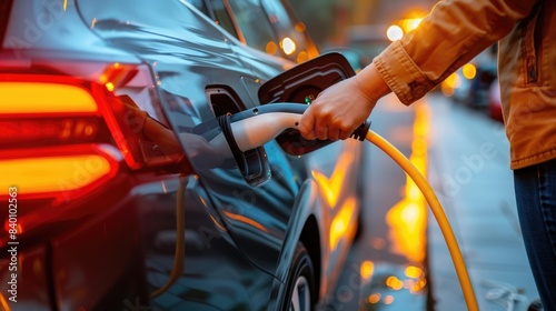 electric plug-in of ev charger hybrid car at charging station point for electric vehicle.