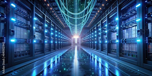Fiber optic cables connected to optic ports in a data center , technology, networking, internet, connection, communication, information, data transfer, high speed, futuristic, server room