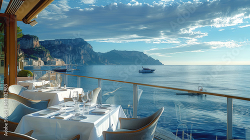 Fototapeta Naklejka Na Ścianę i Meble -  Luxury restaurant near sea, Romantic dinner on sea beach. Generative AI.