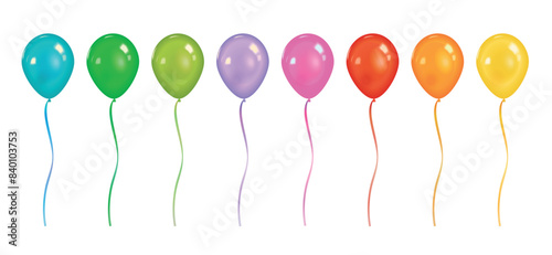 Set of realistic vector colorful balloons with ropes isolated on transparent background.