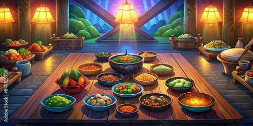 Assorted colorful namul dishes arranged on a wooden table with Korean food banner in the background , Korean, food, namul, vegetables, healthy, traditional, cuisine, assortment, side dishes photo