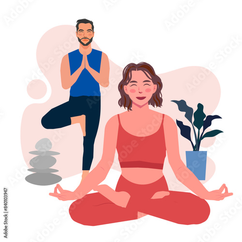 man woman doing yoga meditation healthy lifestye in flat illustration