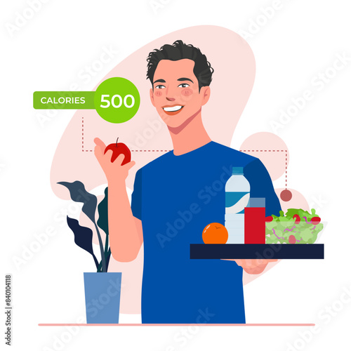 man eating healthy food fruit salad vegetable in flat illustration