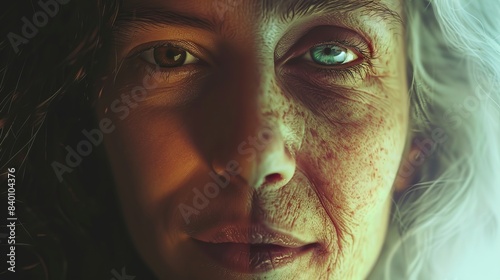 Close up of One half image of half old woman and half young girl illustration, nature light, Split Complementary Color Scheme, photorealistic