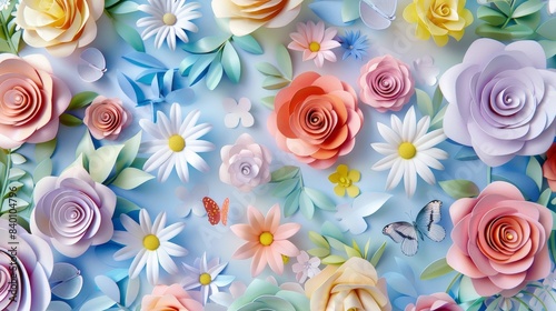 In this 3D render, abstract cut paper flowers are arranged on white, botanical background. The flowers include roses, dahlias, butterflies and leaves in pastel colors.