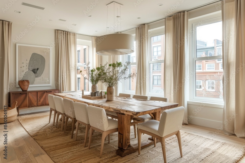Neutral Dining Room, Dining area with a simple wooden table, neutral chairs, and a pendant light Neutral Dining Room, Dining area with a simple wooden table, neutral chairs, and a pendant light