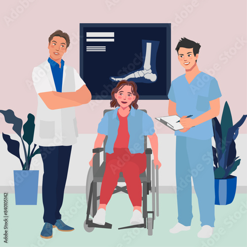 male doctor nurse explain x-ray foot ankle bones to wheelchair patient in flat illustration