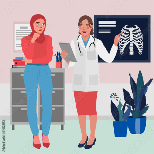 female doctor show x-ray bones to patient in flat illustration