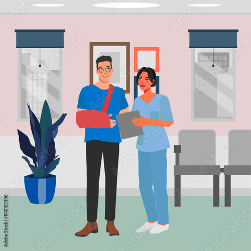 female nurse checking up on patient with broken arm in flat illustration