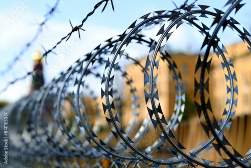 Rolls of razor wire. Barbed wire shaped like an O. Restricted area. Barbed wire fence. Obstacle photo