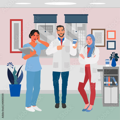 male female doctors nurse talking taking a break lunch time in flat illustration