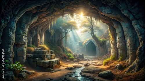 Eerie and atmospheric image of a forgotten stone cave shrouded in mystery and timelessness  cave  stone  forgotten  aura  mystery  timelessness  eerie  atmospheric  AI-generated  stock photo