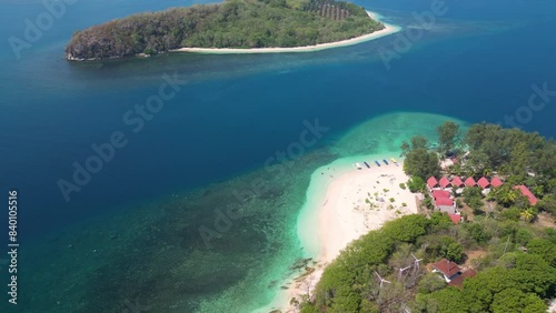 Lombok, Indonesia: Aerial drone footage of the Gili Nanggu in the Sekotong area of south Lombok in Indonesia. Shot with a tilt up motion photo