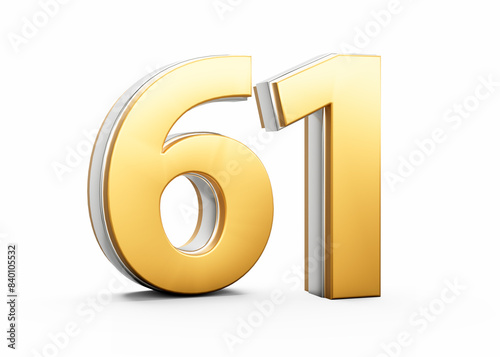 3D Golden Shiny Number 61 Sixty One With Silver Outline On White Background 3D Illustration photo