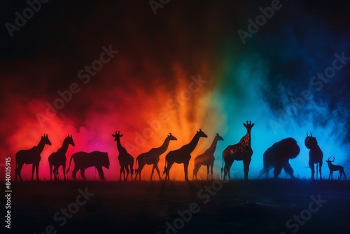 A black background is adorned with glowing white rays, showing an elephant, zebra, bear, and rhino. Use it for a zoo or friends theme. photo
