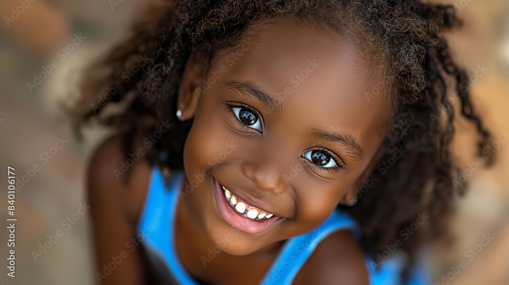 A young girl with brown hair and brown eyes is smiling. She is wearing a blue top. Young African girl, high angle view, with two strands of long curly hair, big eyes and very friendly smile A young girl with brown hair and brown eyes is smiling. She is wearing a blue top. Young African girl, high angle view, with two strands of long curly hair, big eyes and very friendly smile