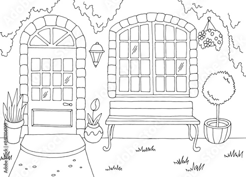 Garden house front graphic black white sketch illustration vector