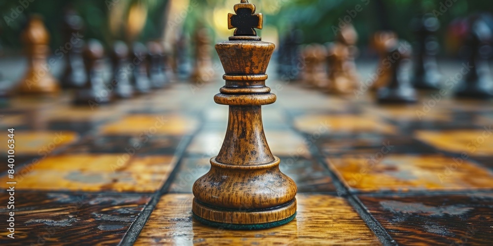 A king chess piece is placed elegantly on a wooden chessboard A king chess piece is placed elegantly on a wooden chessboard
