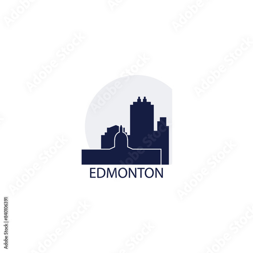 Edmonton skyline, downtown panorama logo, logotype. Canada, Alberta province city badge contour, isolated vector pictogram with buildings, monuments, landmarks, skyscrapers at sunrise, sunset