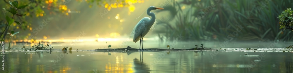Naklejka premium A white bird perched on a log in a lake against a backdrop of natural scenery