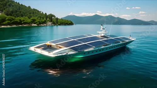 Solar-powered catamaran for eco-friendly marine transportation. Concept Eco-Friendly Boats, Solar Power, Marine Transportation, Sustainable Travel photo