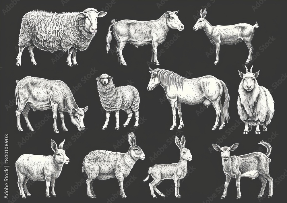 Naklejka premium Illustrations of hand-drawn farm animals on chalkboard. Cow, lama, donkey, goat, rabbit, sheep and other vintage animals. Use as labels, icons, packaging, banners, or in books.