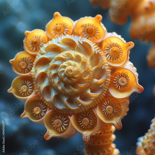 A close up photo displaying a spiral shaped coral in underwater habitat