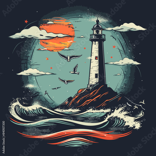 A lighthouse is shown in the middle of a body of water with a large moon in the background. The lighthouse is surrounded by birds flying in the sky