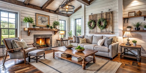 Cozy farmhouse living room with modern decor and rustic touches, rustic, farmhouse, country, home, interior design, modern, living room, cozy, comfortable, stylish, decor, wood © Woonsen