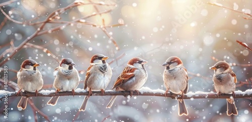 There are five sparrows sitting on a branch in the winter garden, hunched over