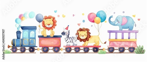 Modern illustration showing animals and balloons in a train
