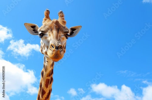 Wild african animals. Closeup of a namibian giraffe against a blue sky