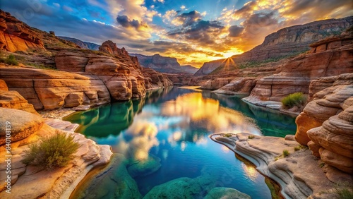 Vibrant canyon pools with blue and orange hues in remote desert setting at sunset, canyon, pools, vibrant, blue, orange, hues, remote, desert, landscape, sunset, water, reflection, natural © Woonsen