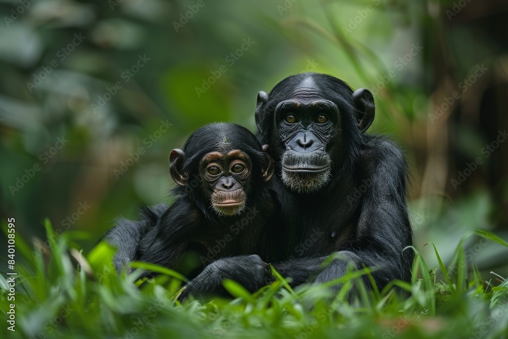 Pan paniscus, or pygmy chimpanzee, with baby. Democratic Republic of Congo. Africa. Pan paniscus, or pygmy chimpanzee, with baby. Democratic Republic of Congo. Africa.