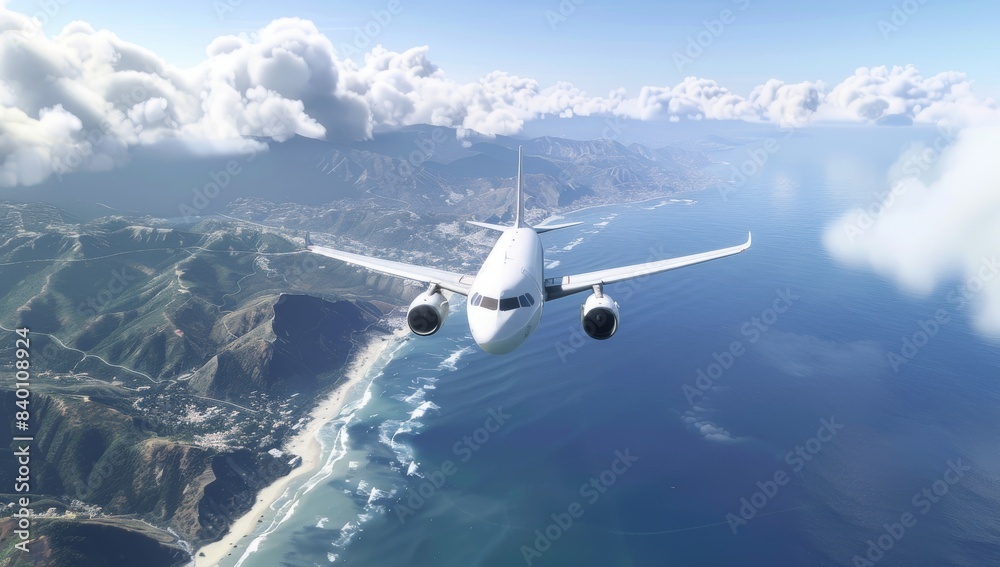 A plane glides over the sea, its white elegance contrasted by light shadows; a serene blue sky meets mountain greenery and the subtle hues of dawn. A plane glides over the sea, its white elegance contrasted by light shadows; a serene blue sky meets mountain greenery and the subtle hues of dawn.