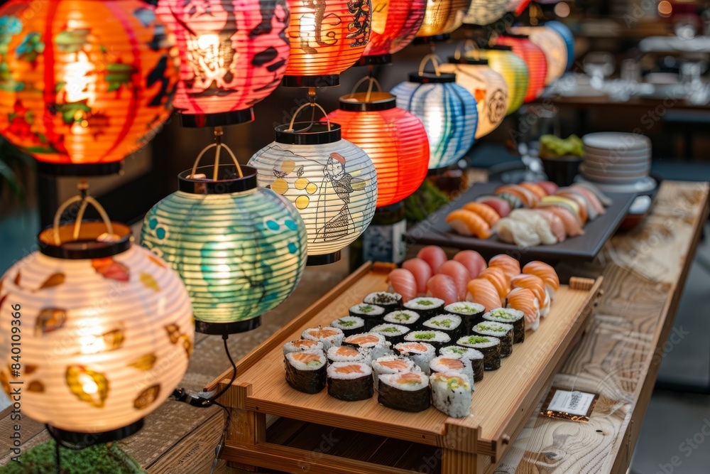 Exquisite array of authentic sushi alongside chilled sake displayed on a traditional wooden tray under vibrant Obon Festival lanterns evoking a sensory journey to Japan Exquisite array of authentic sushi alongside chilled sake displayed on a traditional wooden tray under vibrant Obon Festival lanterns evoking a sensory journey to Japan
