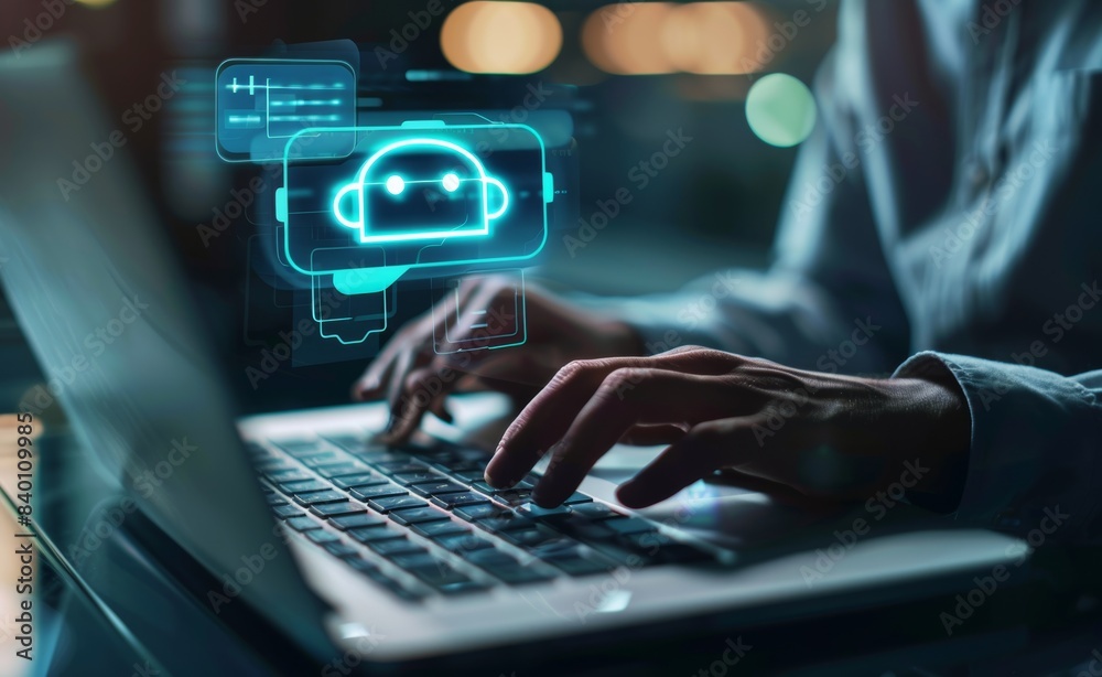 By entering command prompt, man uses technology to create something, Futuristic technology transformation.