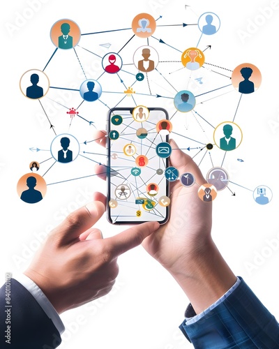 A hand holding an iPhone with icons of people and arrows, indicating network connections