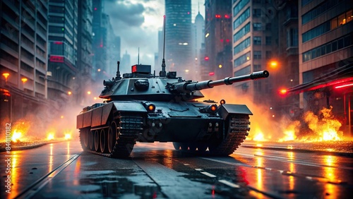 Intense and dramatic black tank with red lights driving through city streets , tank, black, red lights, city, street, buildings, streetlights, intense, dramatic, military, vehicle, war photo