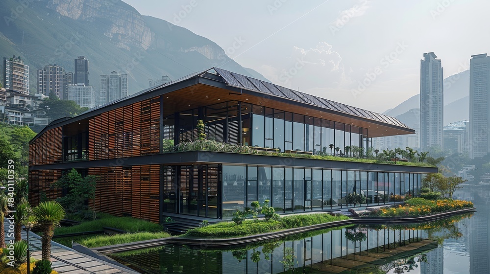An eco-friendly school building with solar panels on the roof, Located near a mountain with tall building at the background. Generative AI. An eco-friendly school building with solar panels on the roof, Located near a mountain with tall building at the background. Generative AI.