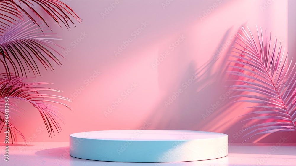 product podium on pink wall background with leaves product podium on pink wall background with leaves
