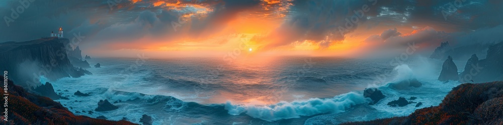 Fototapeta premium A beautiful sunset over the water, featuring a distant lighthouse