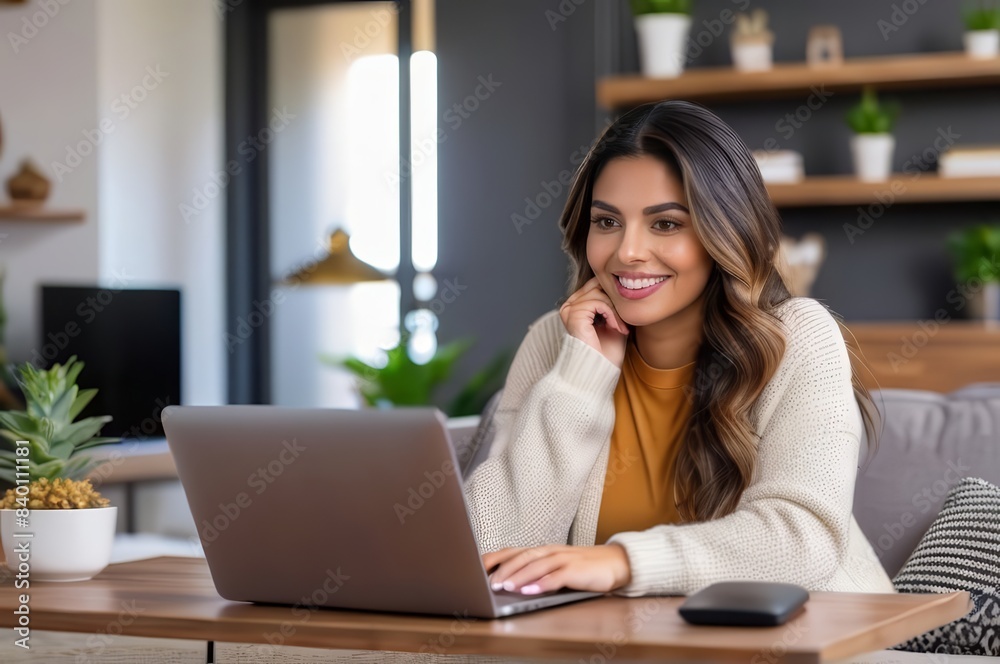 Beautiful Authentic Latina Female Sitting at a Desk in a Cozy Living Room and Using Laptop Computer at Home. She's Browsing the Internet and Checking Videos on Social Networks. Having Fun at Home. Beautiful Authentic Latina Female Sitting at a Desk in a Cozy Living Room and Using Laptop Computer at Home. She's Browsing the Internet and Checking Videos on Social Networks. Having Fun at Home.