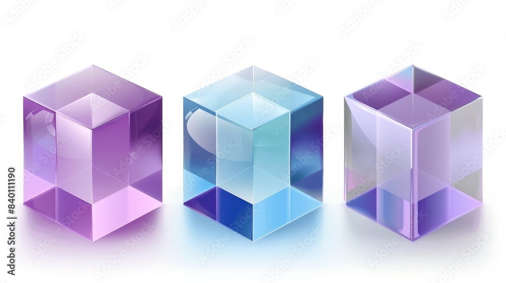© Mark - Modern isolated 3d crystal light hologram glass cube. Realistic geometric translucent block shape with purple hologram reflection. Futuristic gradient material clipart.