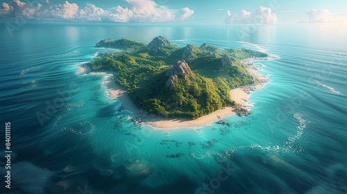 Beautiful isolated island  a lot of sandy beaches  Aerial high view. Generative AI.