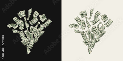 Money dollar composition like burst, firework with pile of flying apart 100 dollar notes, banknotes, bills. Composition, design element in vintage style.