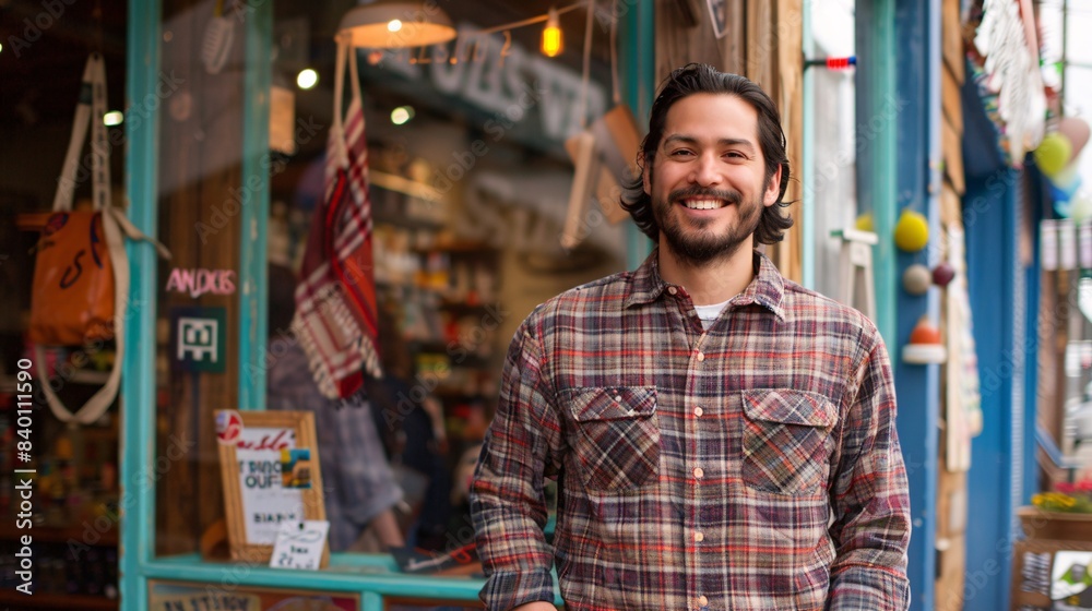 A small business owner proudly standing in front of their newly opened store, with a vibrant and welcoming storefront, showcasing the excitement and hard work that goes into starting and running a A small business owner proudly standing in front of their newly opened store, with a vibrant and welcoming storefront, showcasing the excitement and hard work that goes into starting and running a