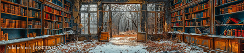 Abandoned library with a view of snowy forest through window photo